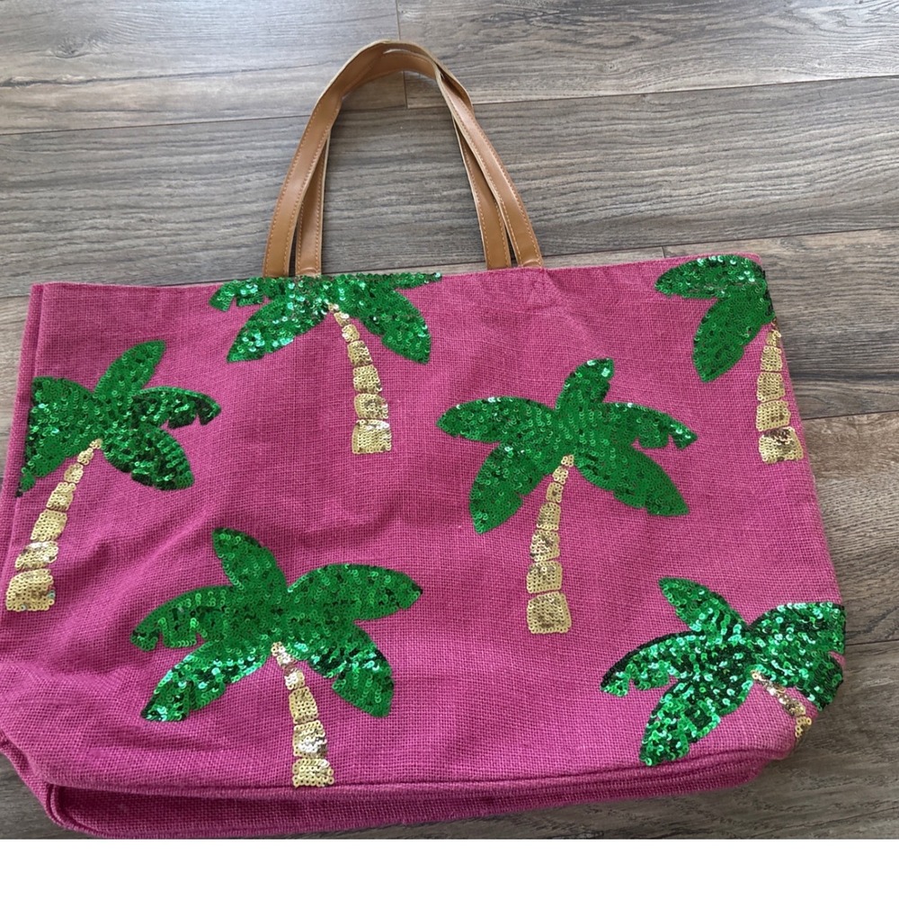 Mud Pie Pink Burlap Sequin Palm Tree Tote Bag Summer Beach Bag